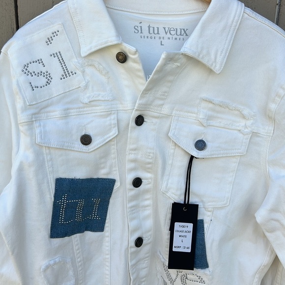 NWT Si Tu Veux White Collage Denim Jacket Sz Large Luxury Denim - Picture 2 of 10